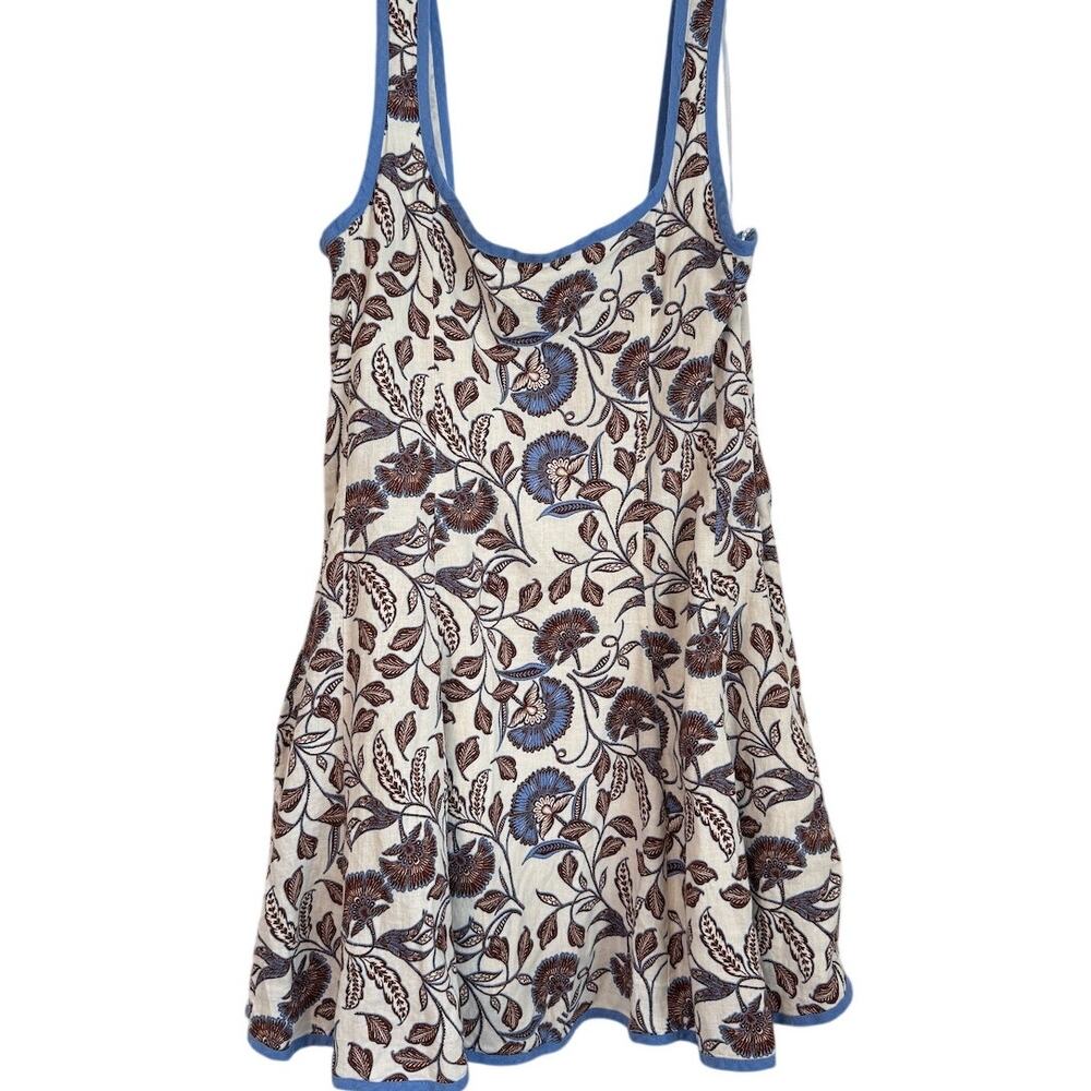 Rachel Zoe Blue Floral Linen Blend Mini Dress Size 14 Smocked Back Fit Flare